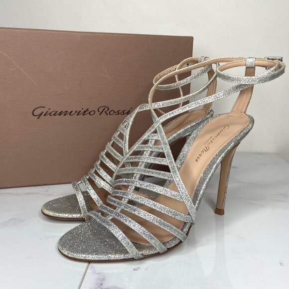 Gianvito Rossi Shoes - Gianvito Rossi VEGA Bright Silver Glitter Caged High Heel Sandals 100mm